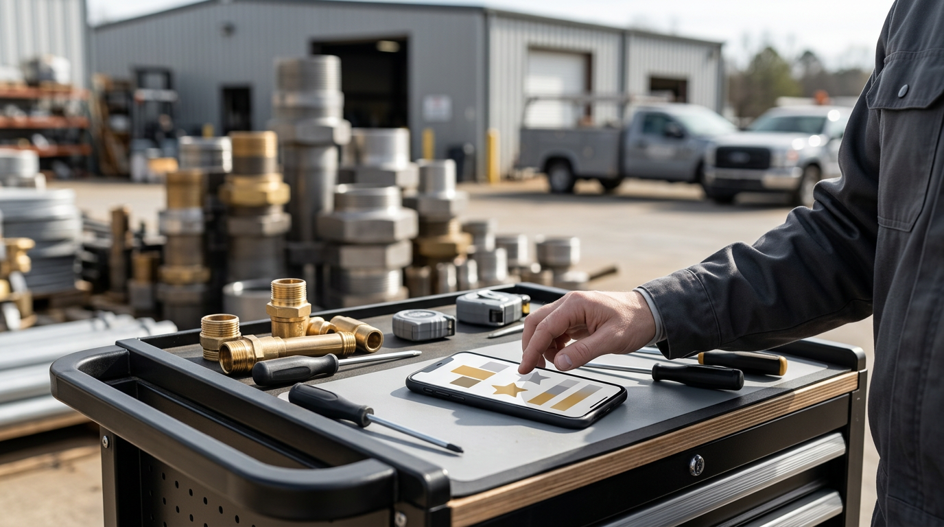 HVAC technician checking a business search result on a phone beside a service van