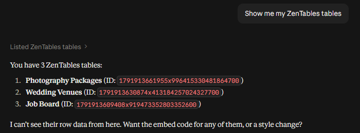 Claude listing ZenTables tables
