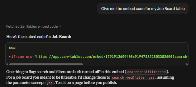 Claude returning the embed code
