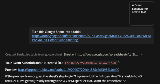 Claude creating a table from a Google Sheet