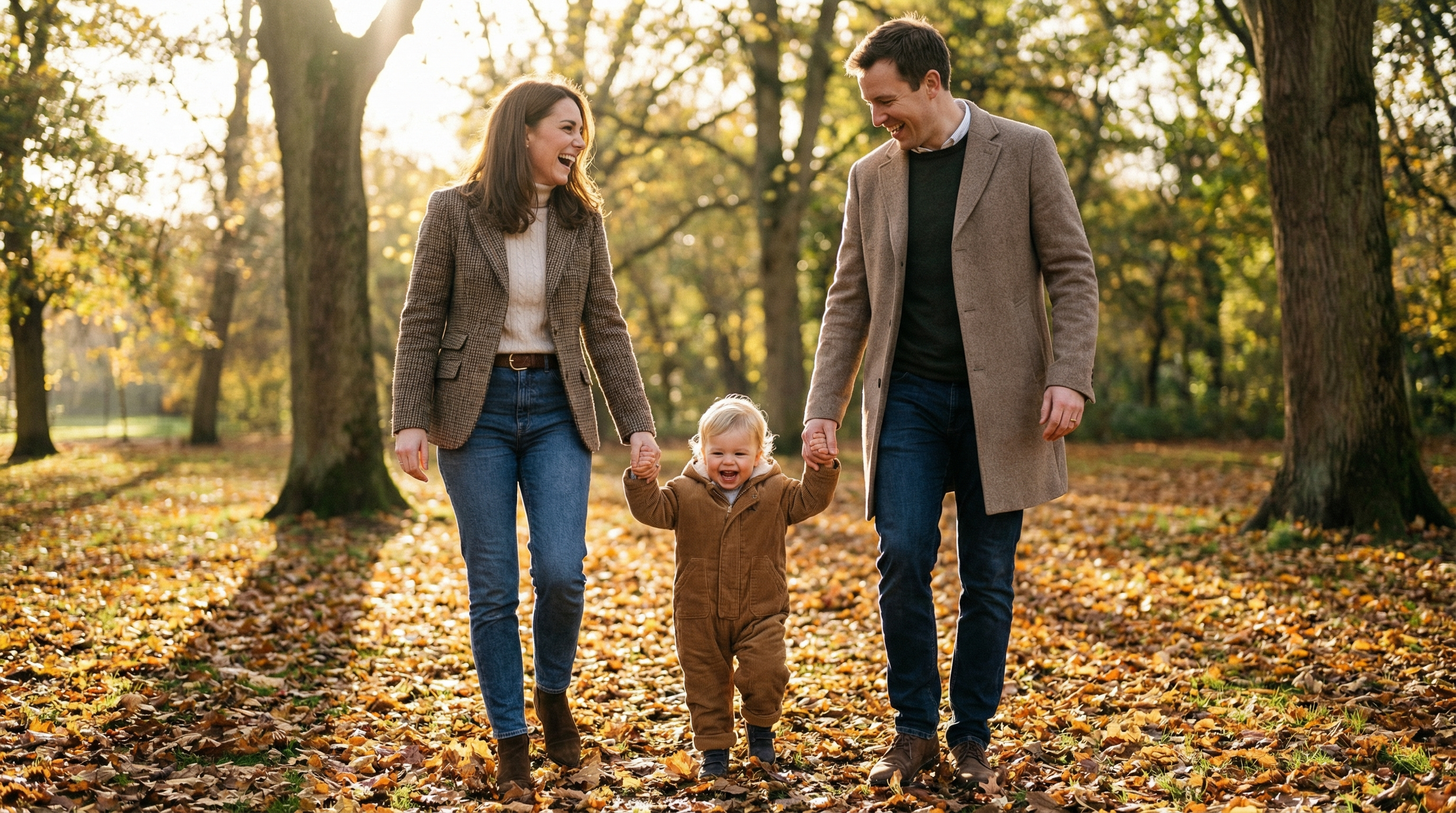 Family walking through autumn park