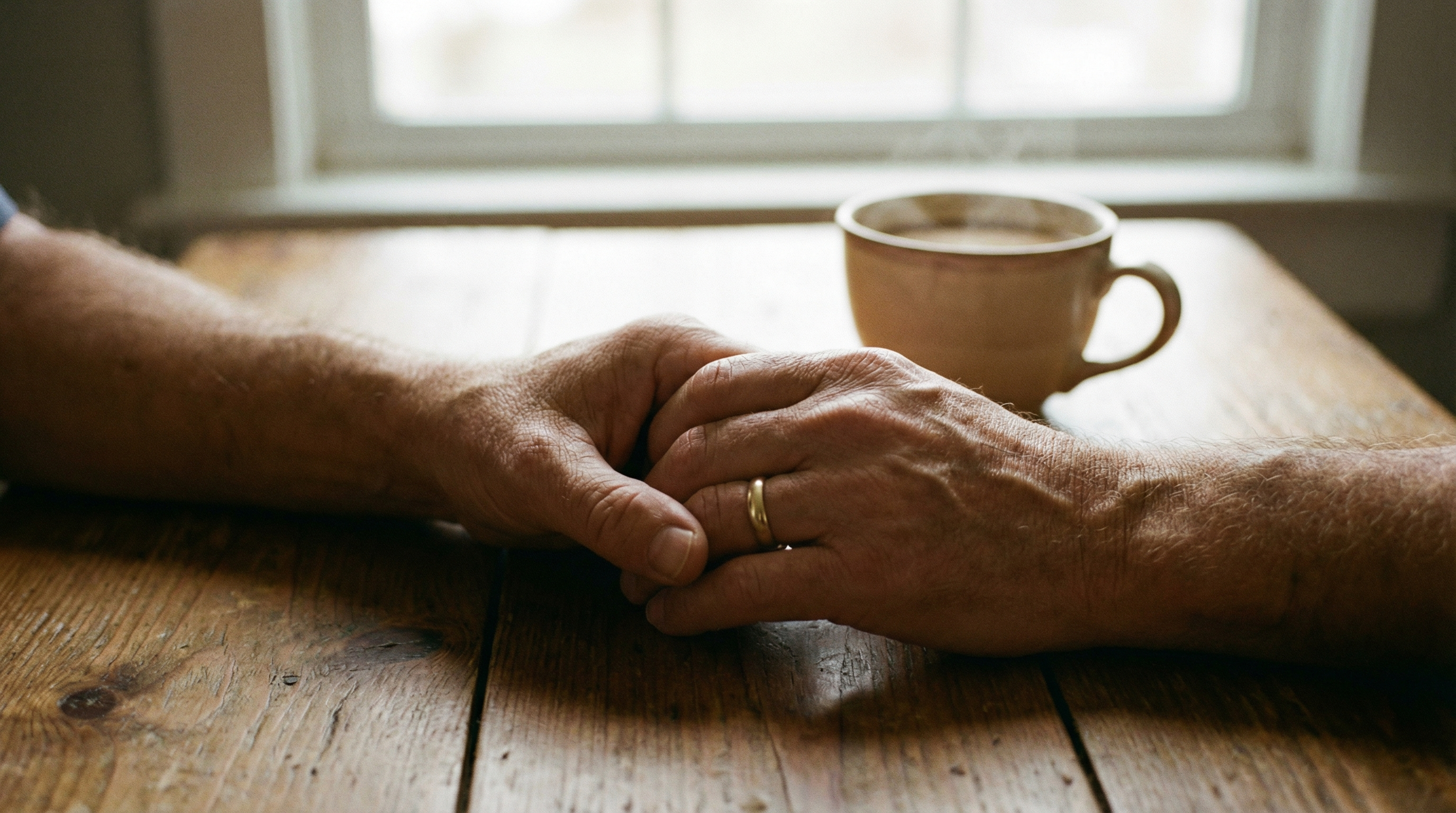 Hands holding on kitchen table