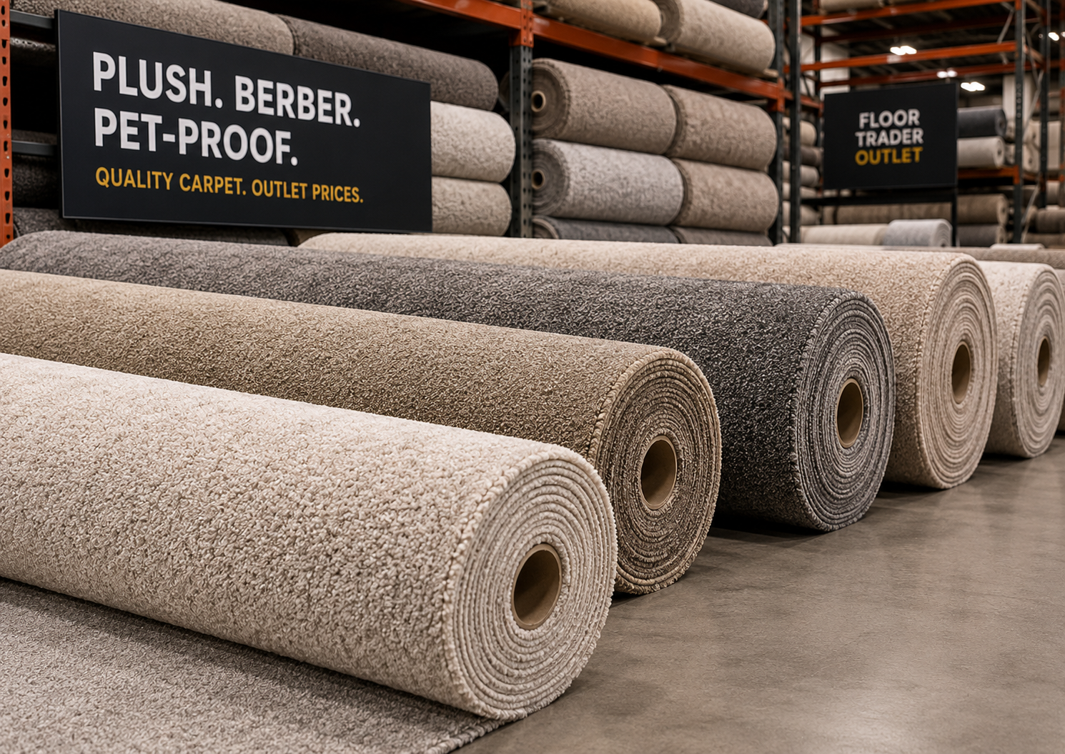 Carpet rolls and carpet display at Floor Trader Tacoma showroom