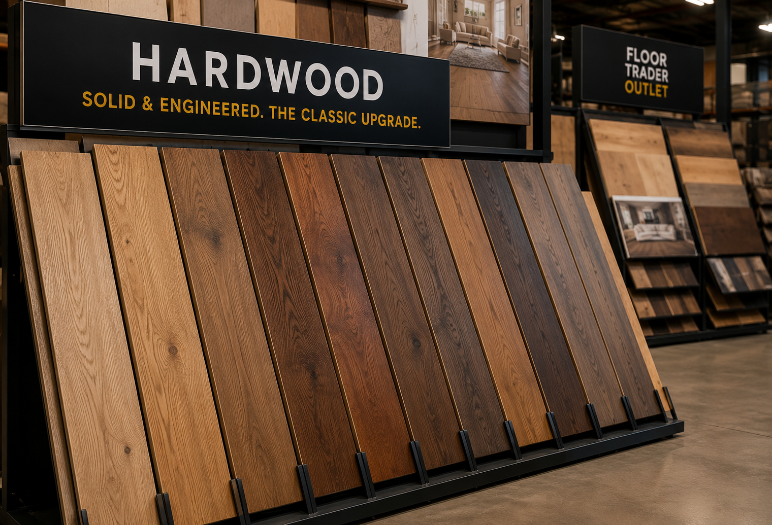 Engineered hardwood flooring planks in oak and walnut tones