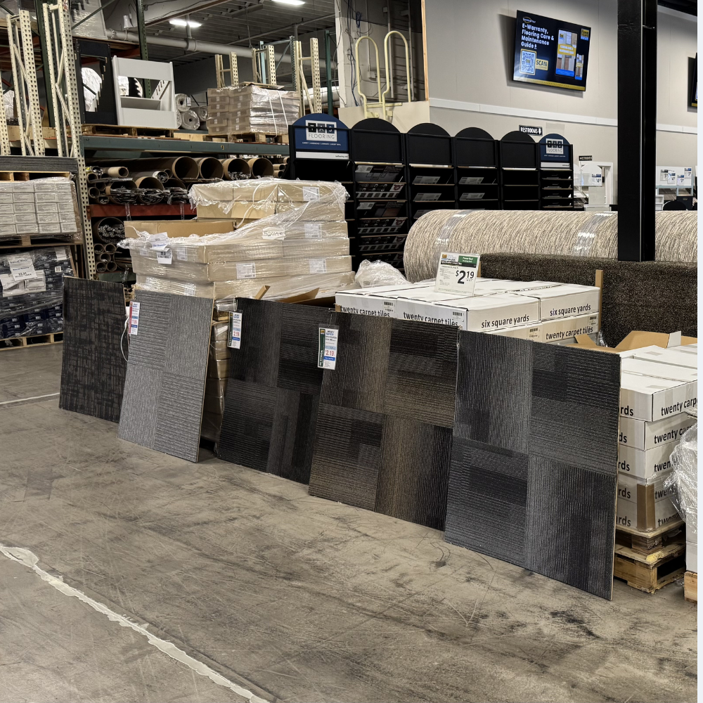 Closeout flooring deals with stacked flooring inventory