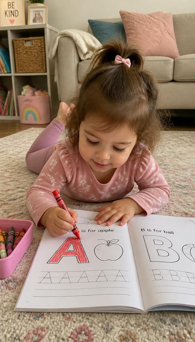 Toddler happily practicing handwriting and coloring in an alphabet workbook