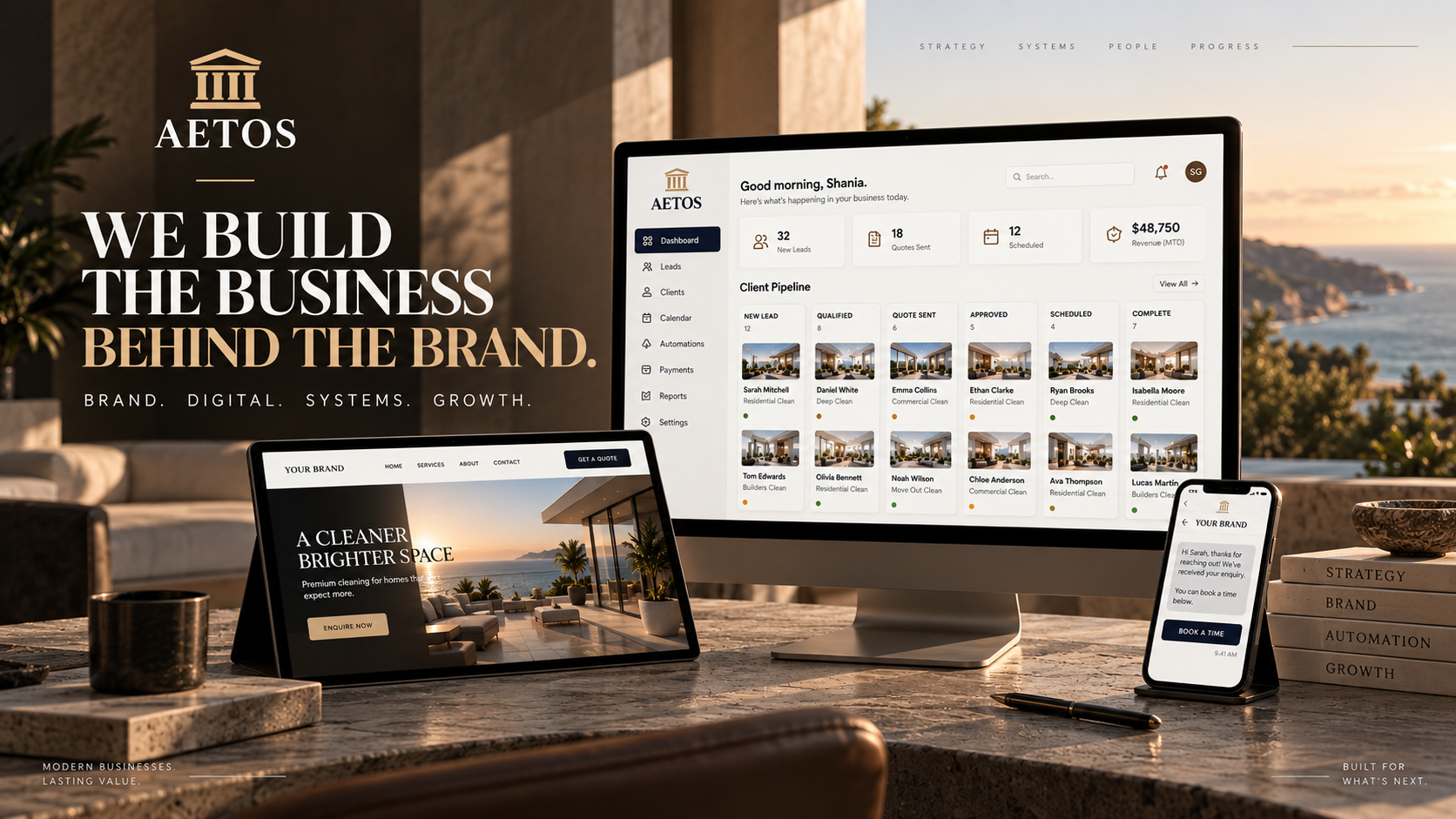 The AETOS dashboard, pipeline and booking messages