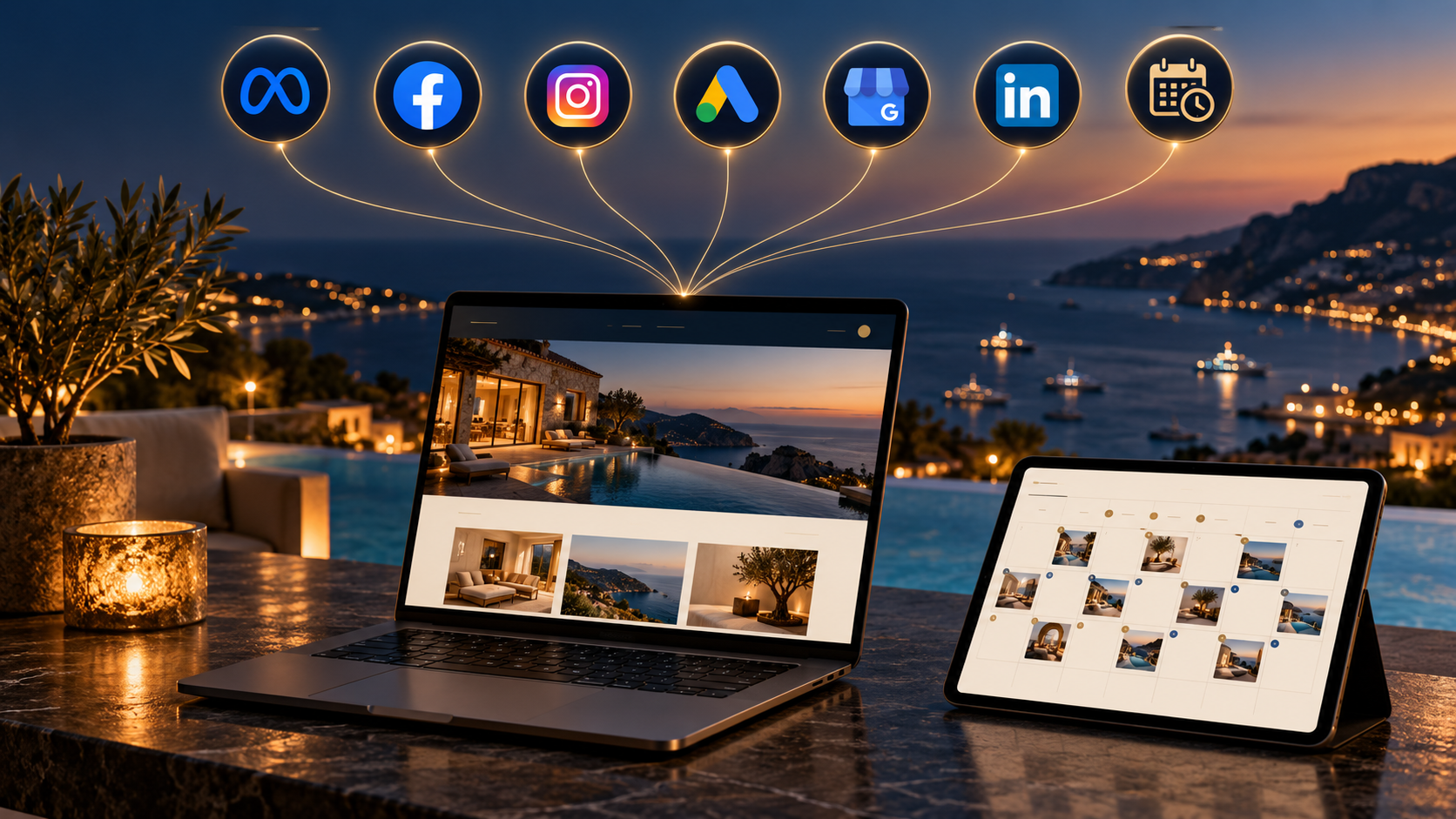 A laptop and tablet on a coastal terrace, with Meta, Facebook, Instagram, Google Ads, Google Business Profile, LinkedIn and scheduled social media posts all connected to one website