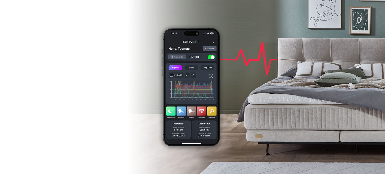 Sensowell app showing live sleep data beside a Kamjo bed
