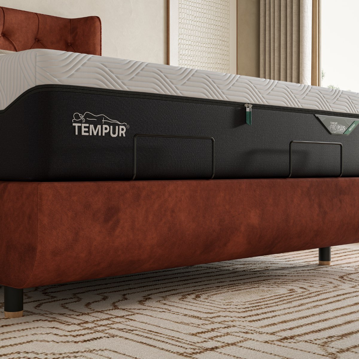 TEMPUR Pro Plus SmartCool mattress on an upholstered bed