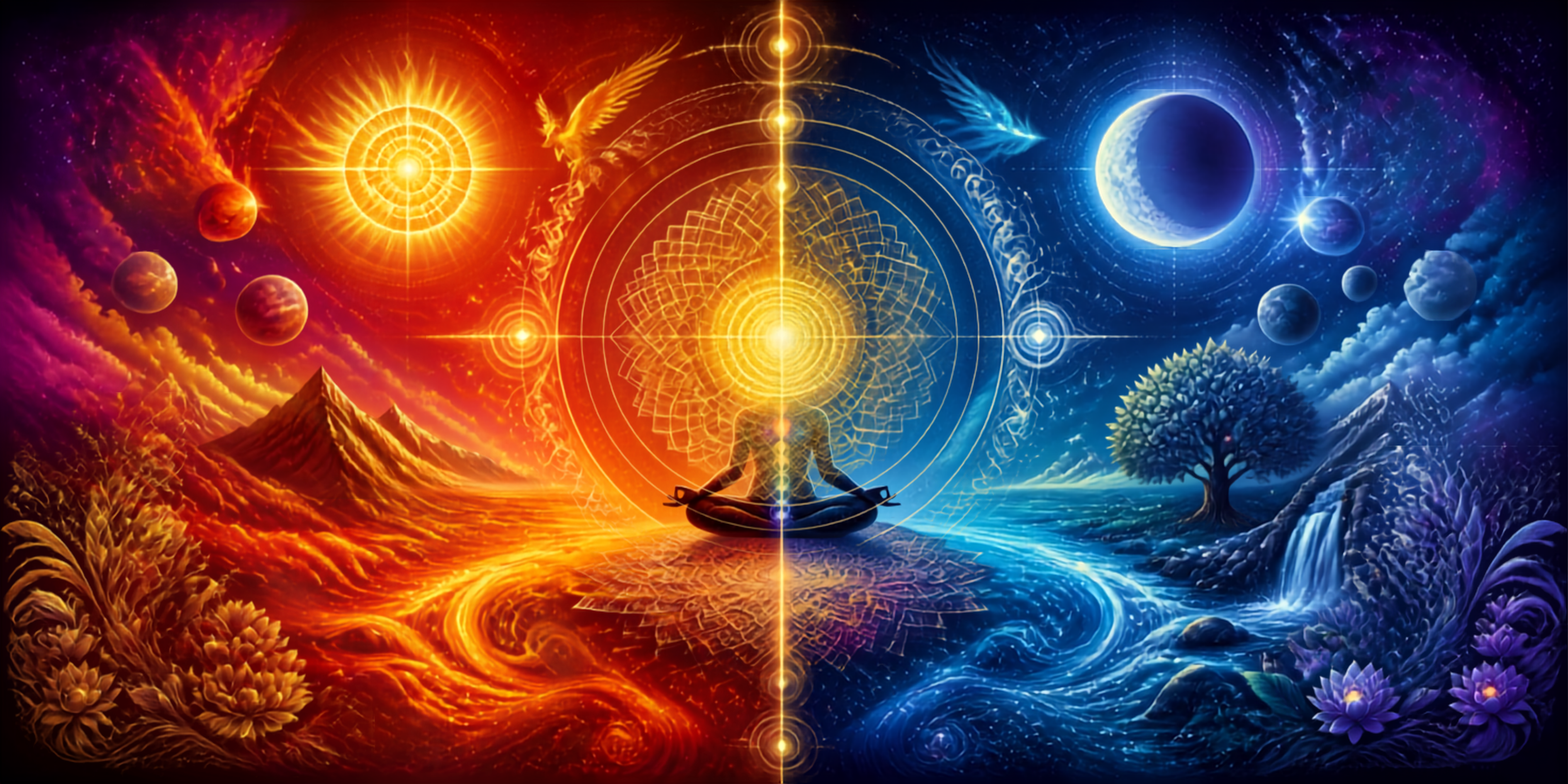 A vivid, eye-catching cosmic Ayurveda banner with warm and cool opposing energies balanced across the composition, using bright colors, sacred geometry, and glowing cosmic patterns.