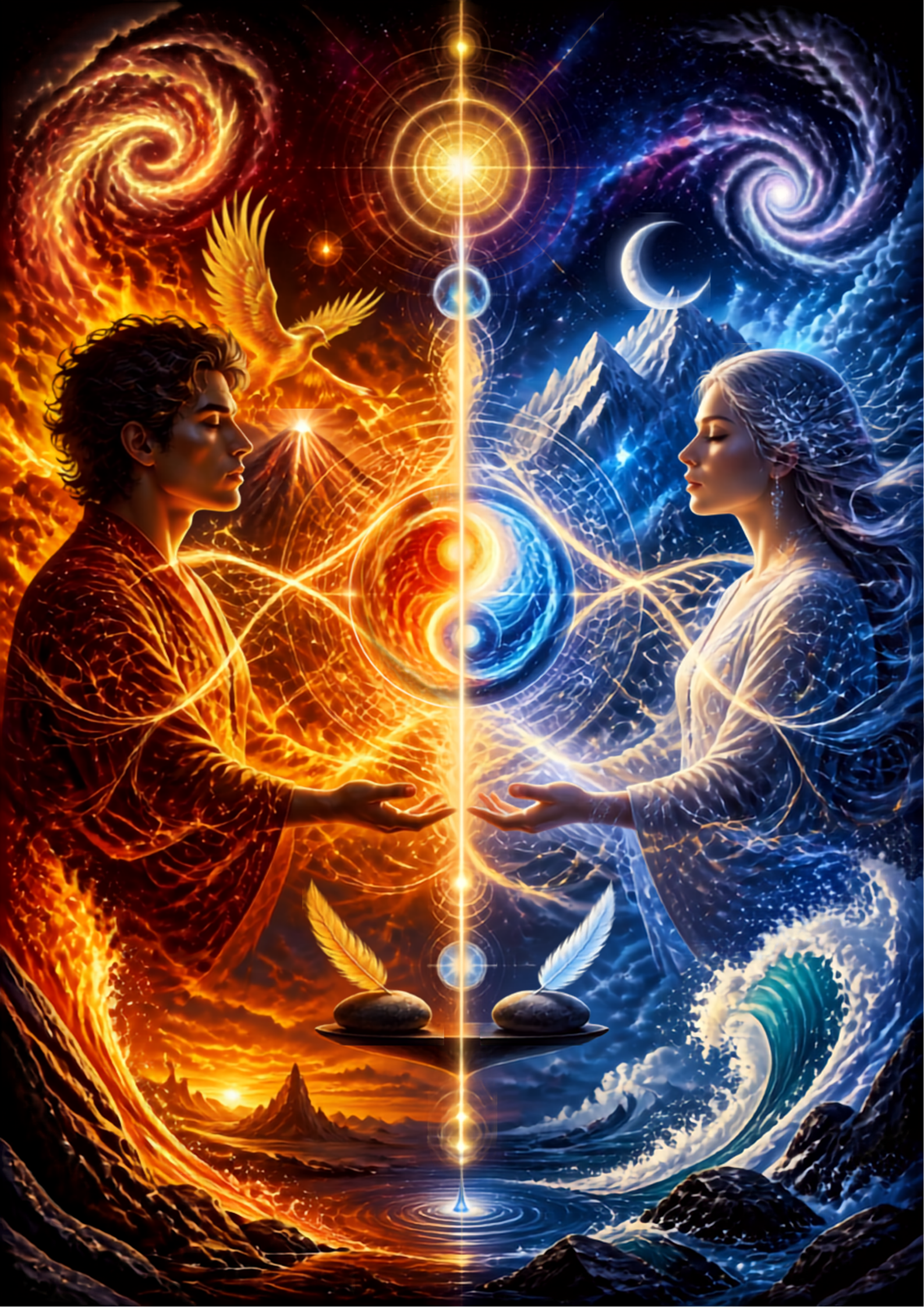 A vivid cosmic poster-style page about opposite energies, with balanced contrast, luminous energy threads, and human figures on opposite sides.