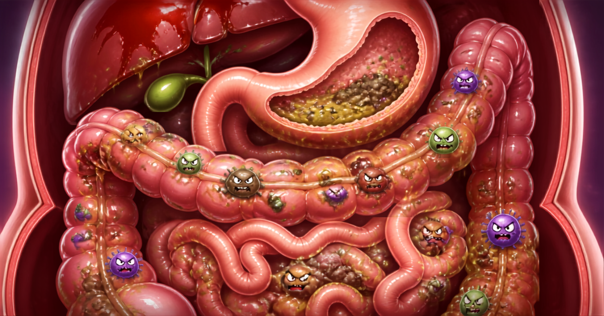 An anatomical illustration of the human digestive tract, featuring colorful, angry cartoon bacteria throughout the stomach and intestines to represent gut imbalance or an infection. An anatomical illustration of the human digestive tract, featuring colorful, angry cartoon bacteria throughout the stomach and intestines to represent gut imbalance or an infection.