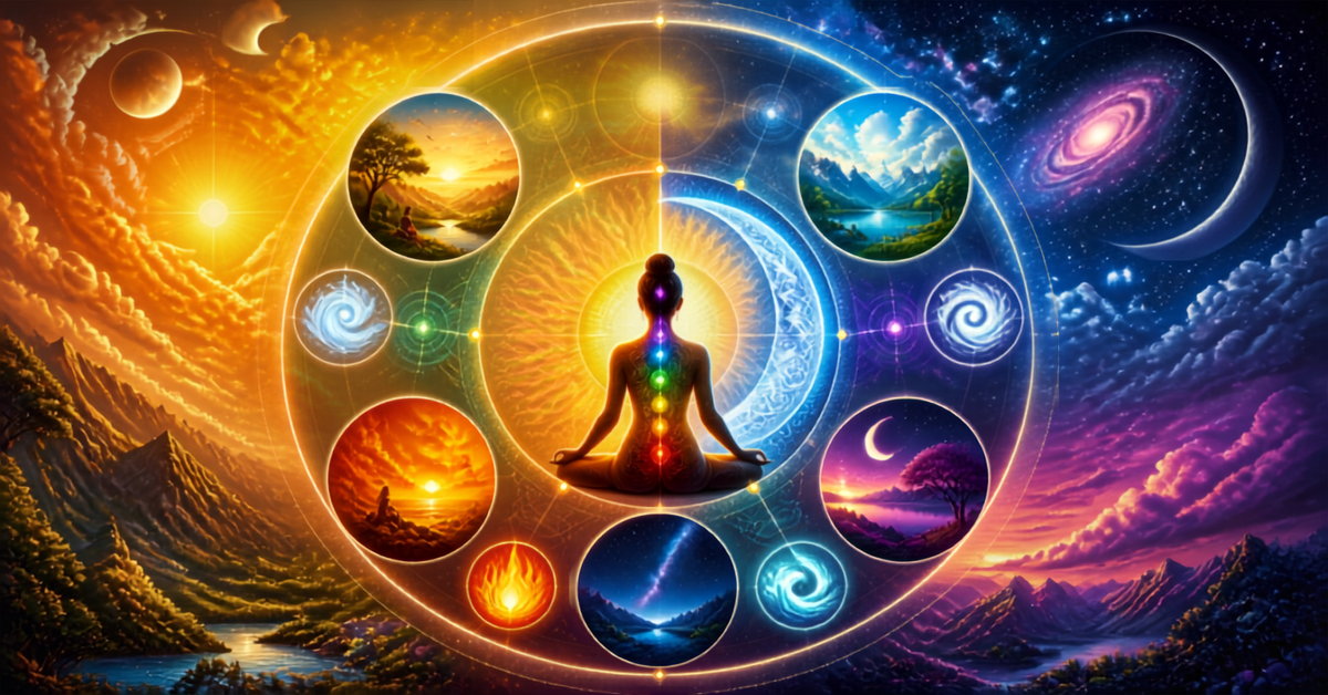 Vibrant digital art of a person in a yoga meditation pose with glowing chakras, framed by a circular timeline of sunrise, sunset, starry night skies, and natural elemental symbols. Vibrant digital art of a person in a yoga meditation pose with glowing chakras, framed by a circular timeline of sunrise, sunset, starry night skies, and natural elemental symbols.
