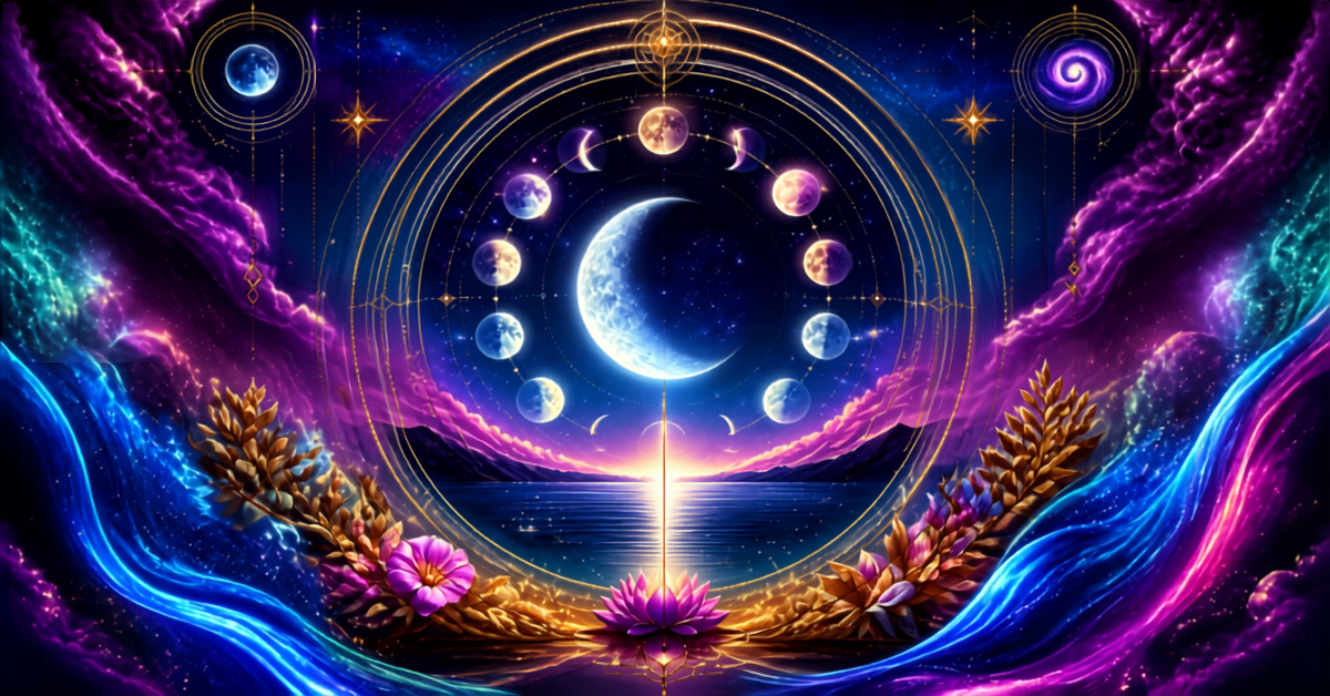 Moon phases chart diagram displaying the complete lunar cycle over a calm ocean sunrise with a blooming pink lotus flower. Moon phases chart diagram displaying the complete lunar cycle over a calm ocean sunrise with a blooming pink lotus flower.