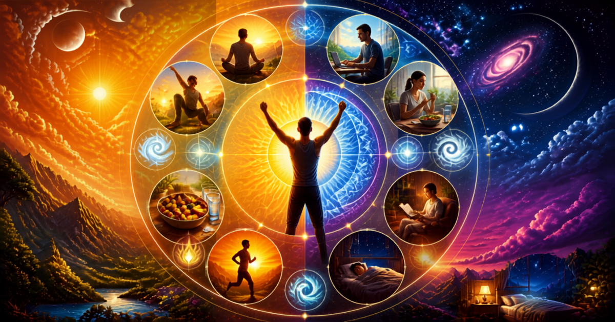 Comprehensive Ayurvedic clock wheel depicting a 24-hour daily routine with icons for meditating, working, eating healthy meals, reading, sleeping, and exercising. Comprehensive Ayurvedic clock wheel depicting a 24-hour daily routine with icons for meditating, working, eating healthy meals, reading, sleeping, and exercising.