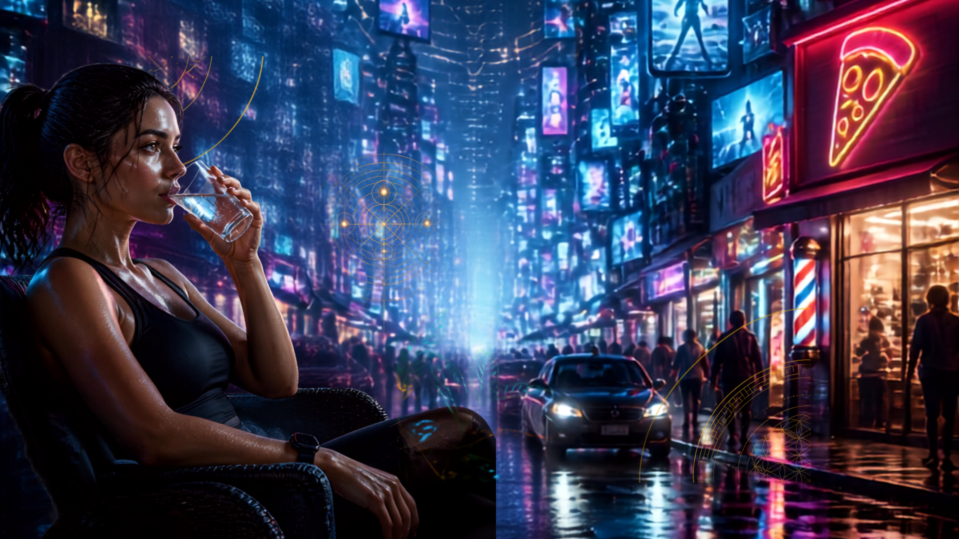 Woman drinking water on a futuristic cyberpunk city street at night with neon lights and a lots of screens on.