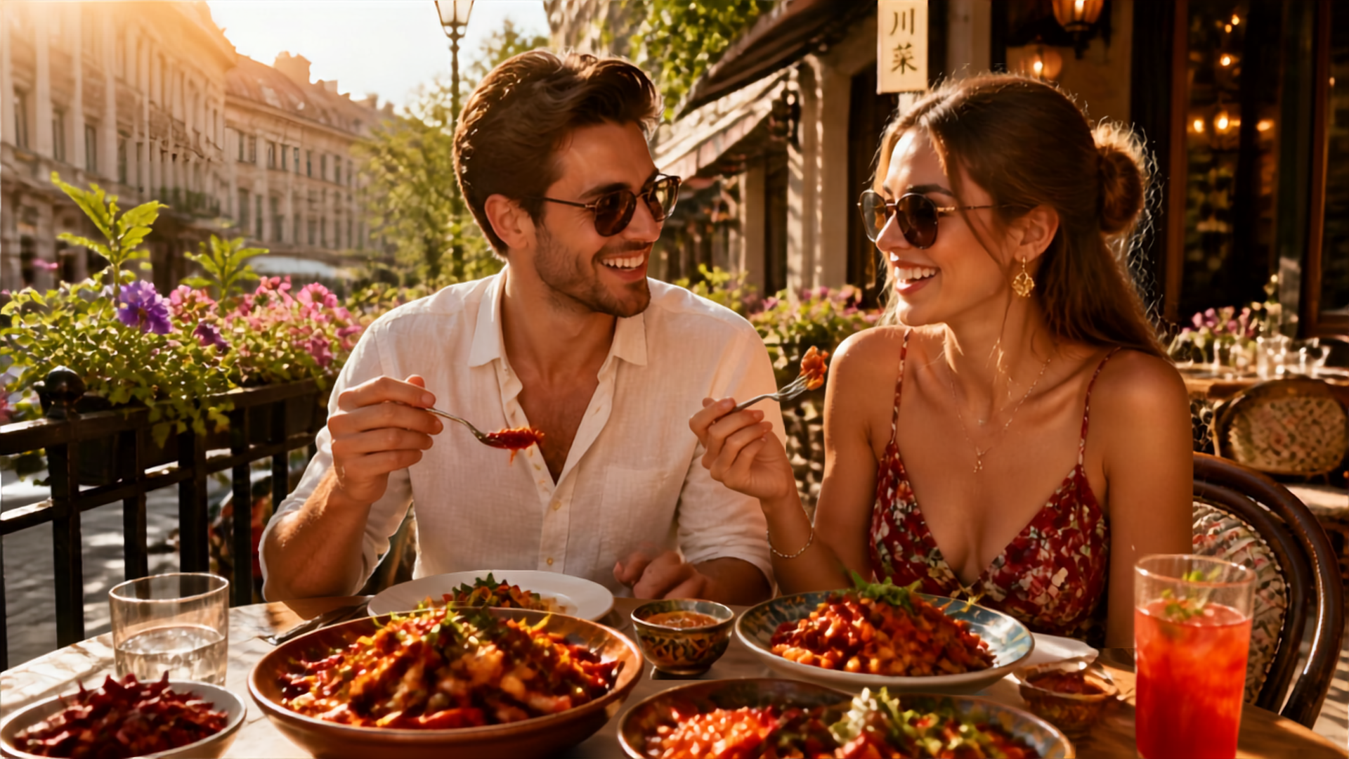A smiling young couple eating a vibrant, spicy meal at an outdoor cafe patio during a sunny golden hour. A smiling young couple eating a vibrant, spicy meal at an outdoor cafe patio during a sunny golden hour.