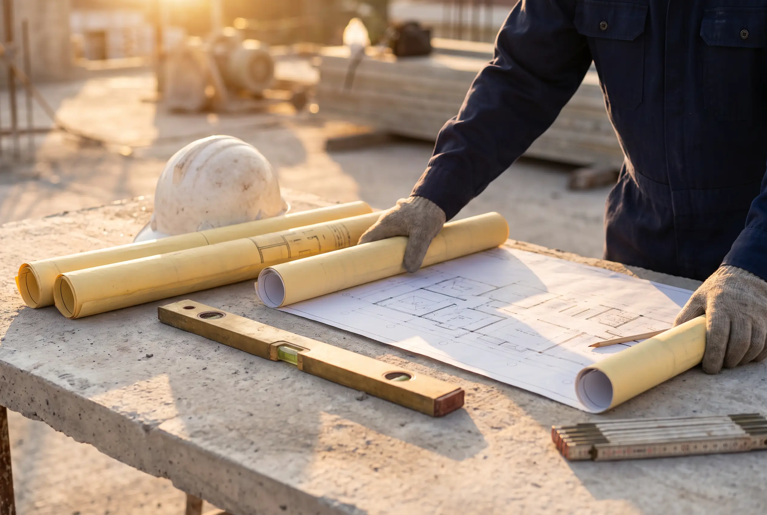 Rolled plans, a hard hat and a level on a work table at a job site in morning light
