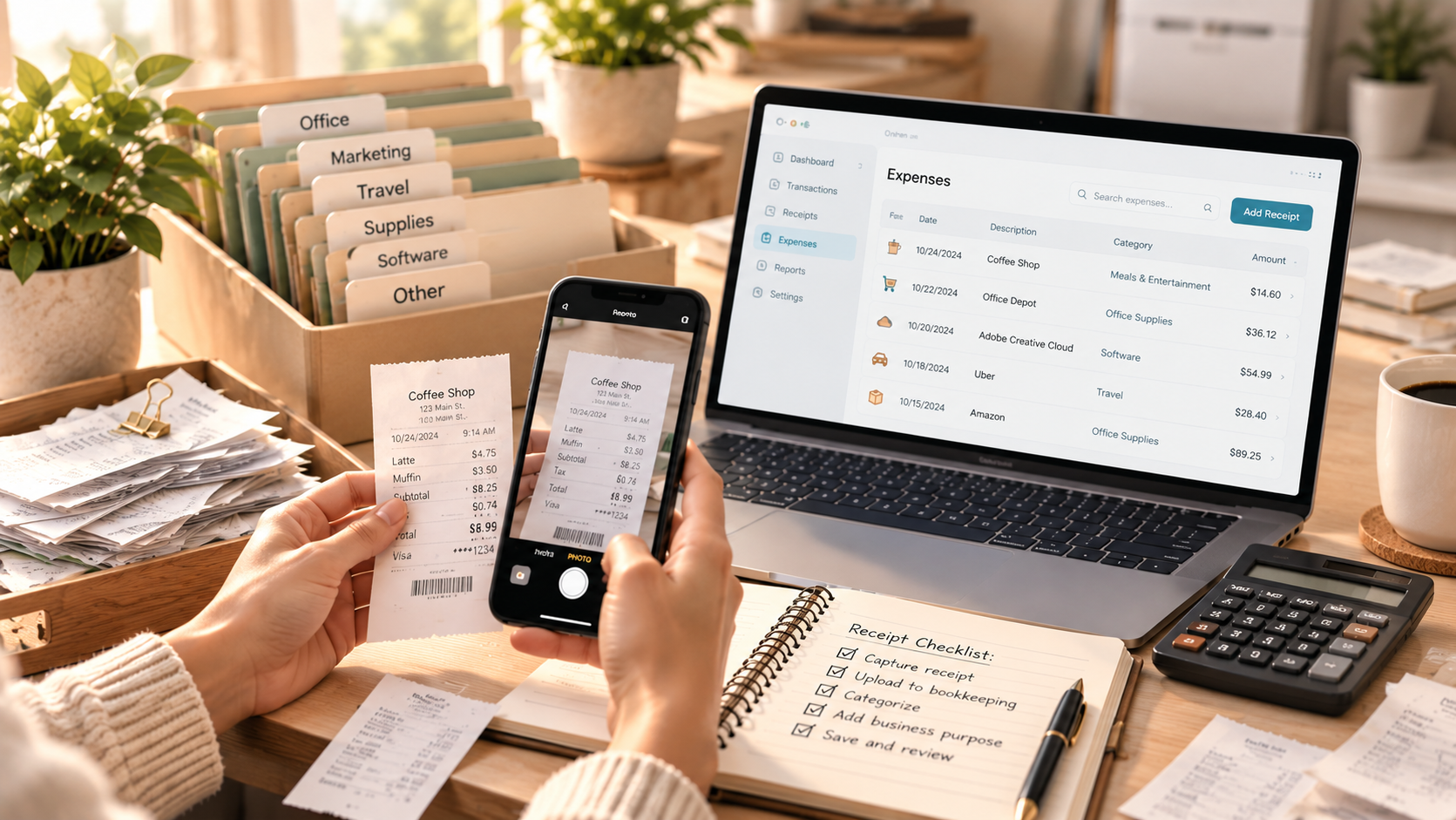 Business receipt being scanned and organized in a digital bookkeeping system