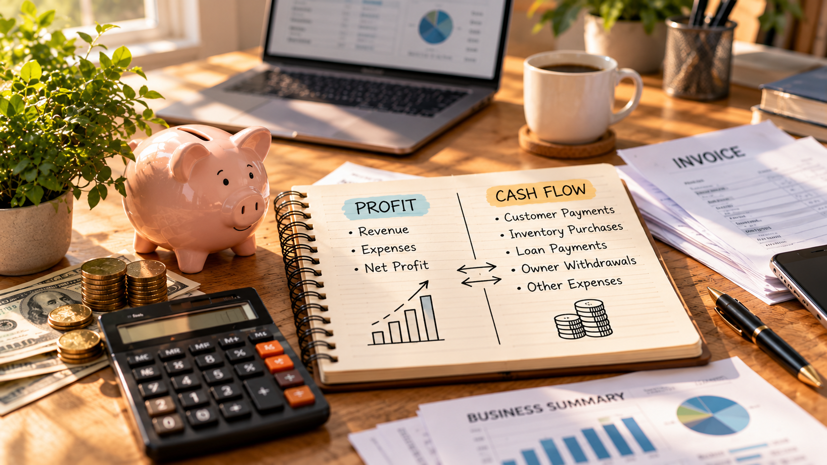 Profit vs cash flow comparison with invoices, calculator, cash, and business financial records