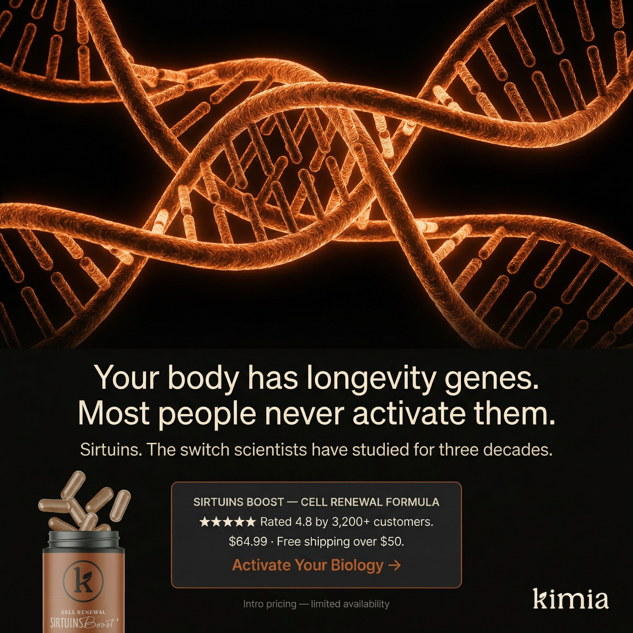 DNA hero static ad built for a longevity supplement brand