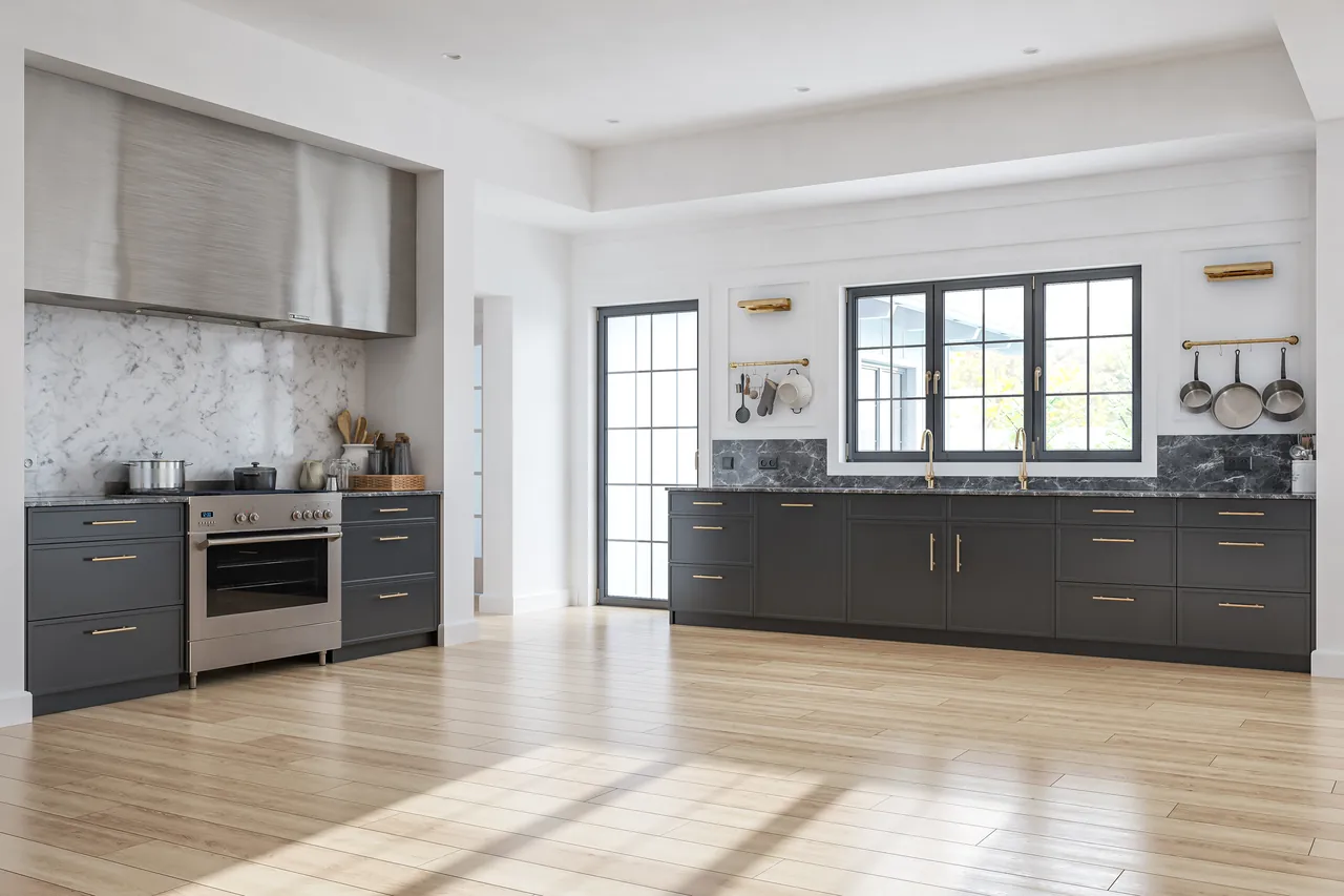 Kitchen remodel with dark cabinetry and wood flooring