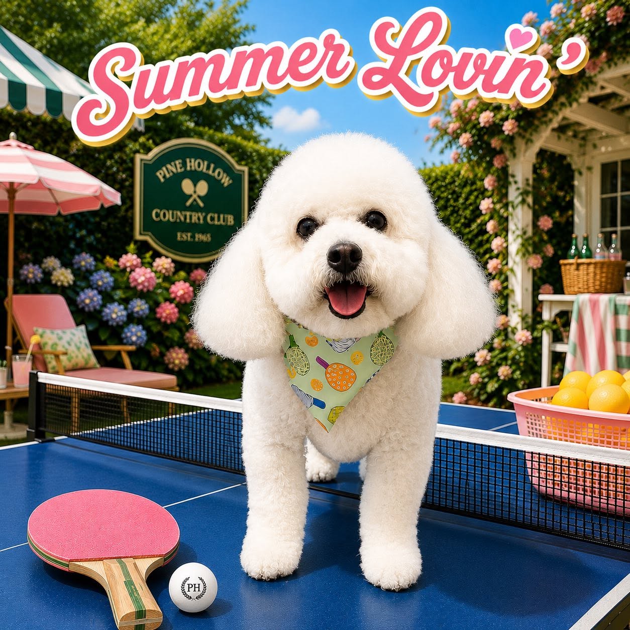 A fluffy white bichon frise celebrating summer after a fresh groom