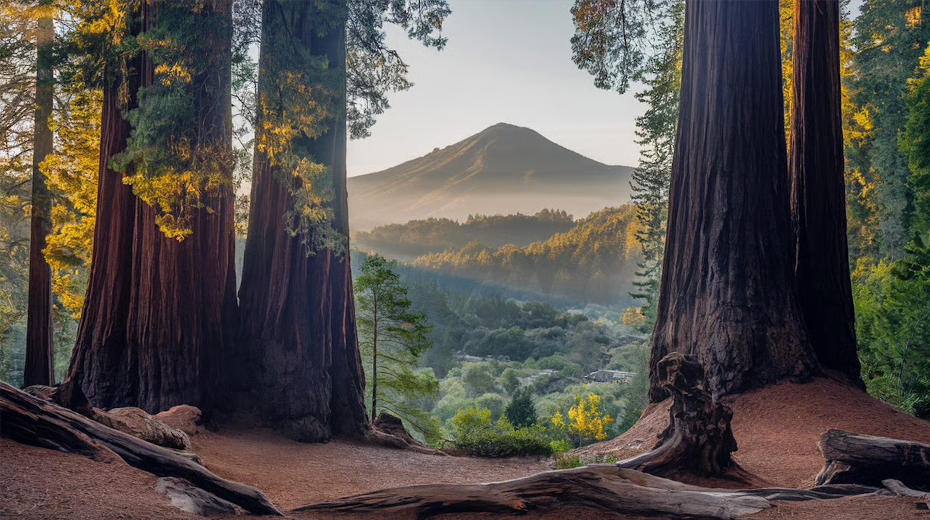 Sunlight filtering through tall redwood trees framing a view of Mount Tamalpais and the lush Mill Valley landscape below