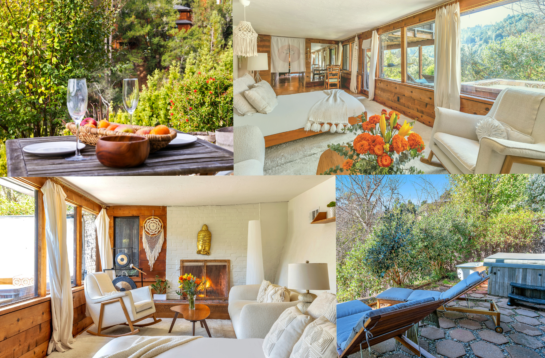 outdoor garden dining setup at enchanted waterfall sanctuary, cozy bedroom with large windows and forest views, serene living room with fireplace and boho decor, private outdoor patio with lounge chairs and hot tub at enchanted waterfall sanctuary mill valley