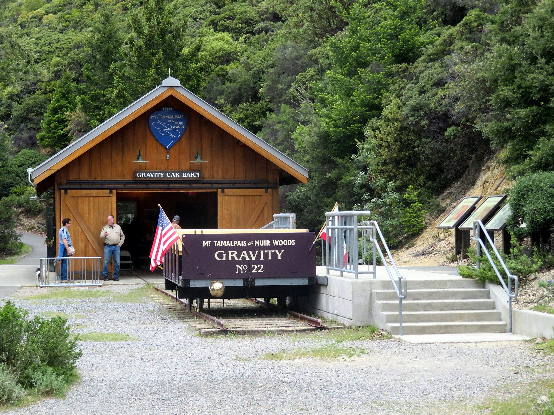 Historic Gravity Car Barn on Mount Tamalpais with vintage Gravity No. 22 railcar