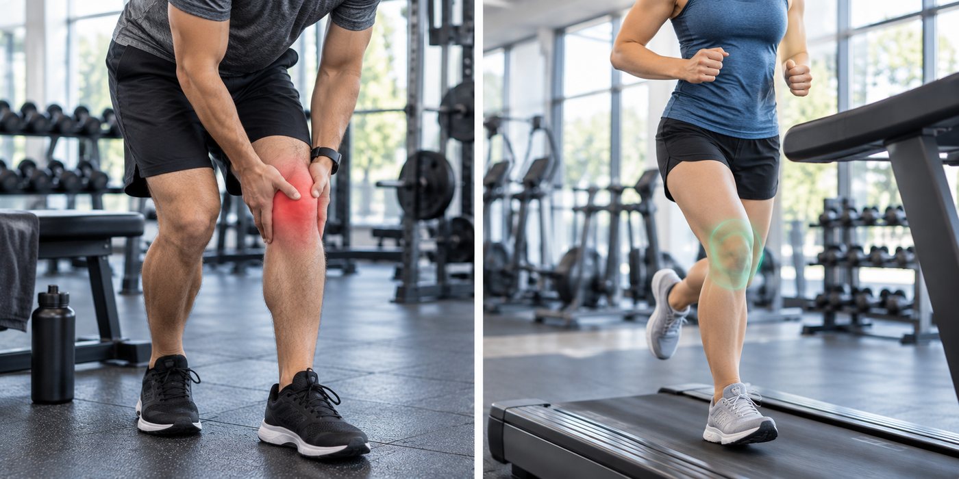 Left: a gym-goer holding his knee, highlighted in red. Right: a gym-goer jogging on a treadmill, knee highlighted in green.
