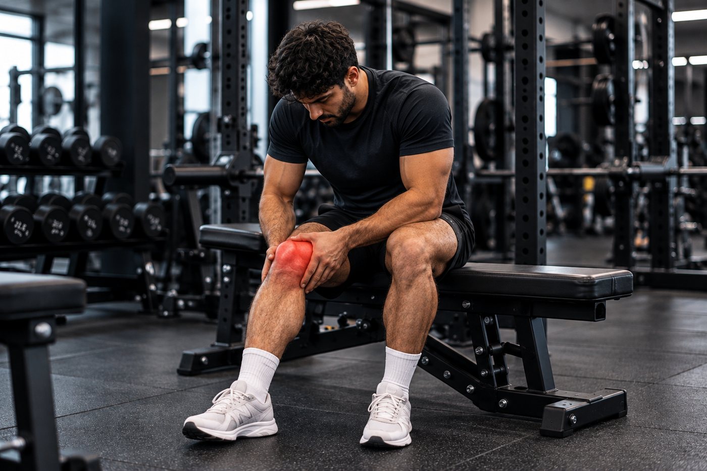 A lifter sitting on a gym bench holding his painful knee