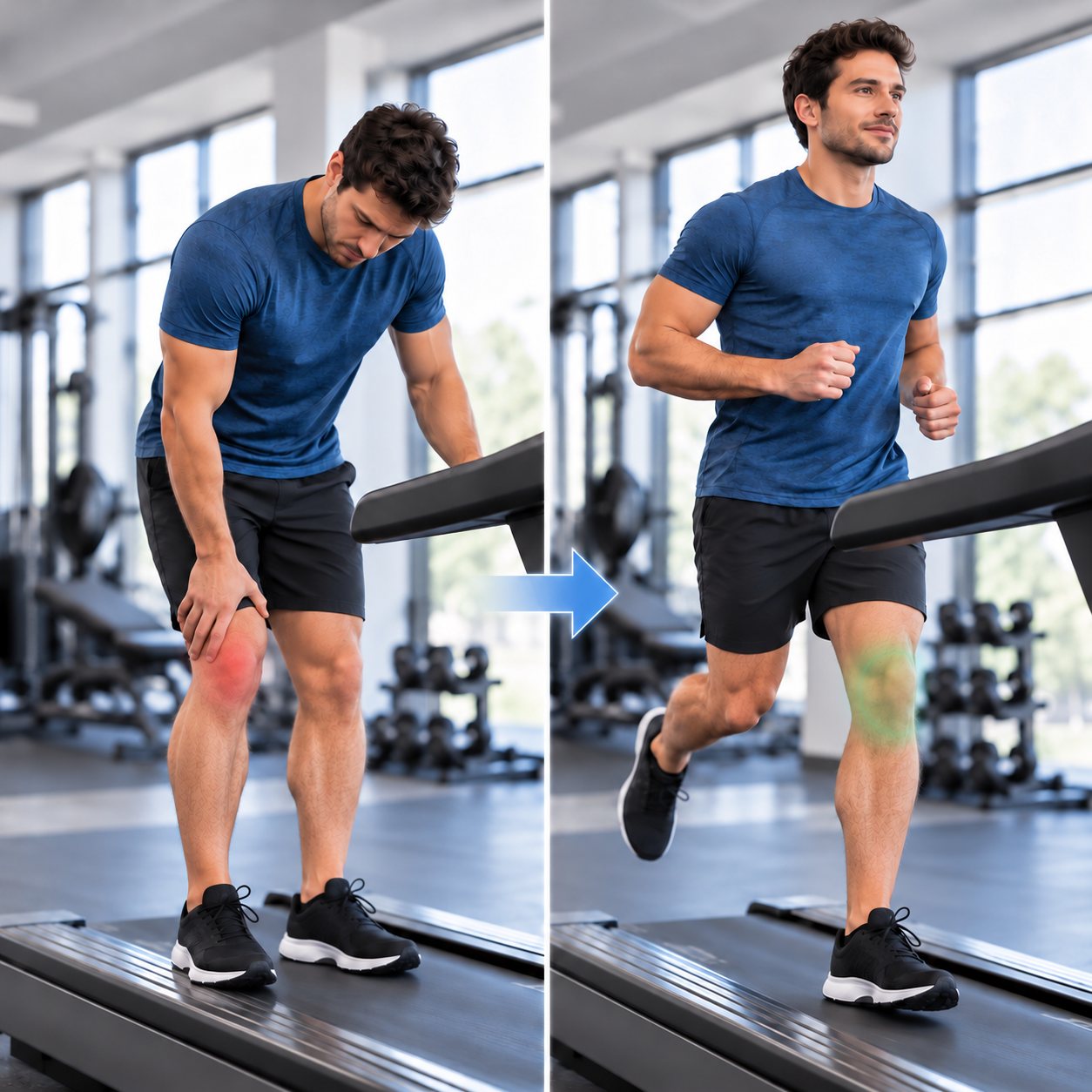 A gym-goer holding a painful knee on a treadmill, then running on the treadmill with a stronger knee