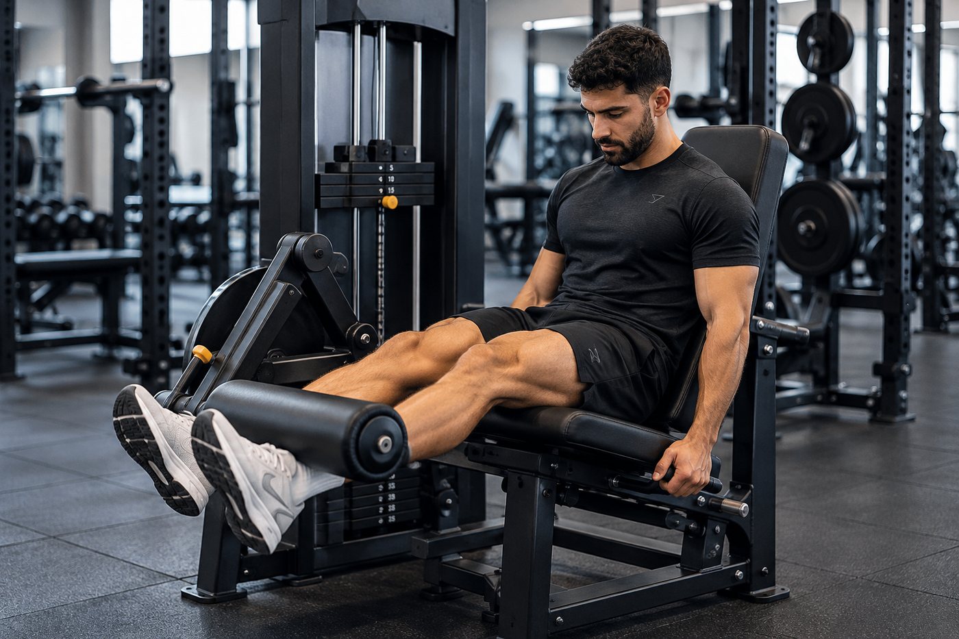 A lifter performing a controlled leg extension in a gym