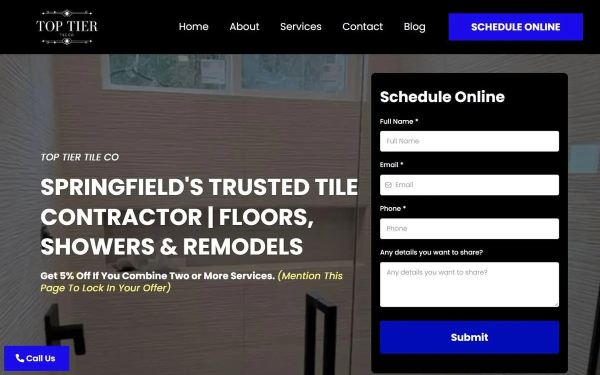 Top Tier Tile Co website homepage