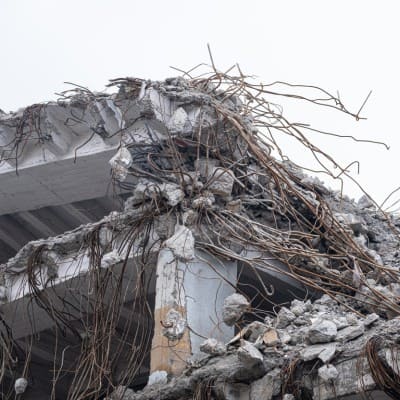 Demolition site debris including concrete and steel