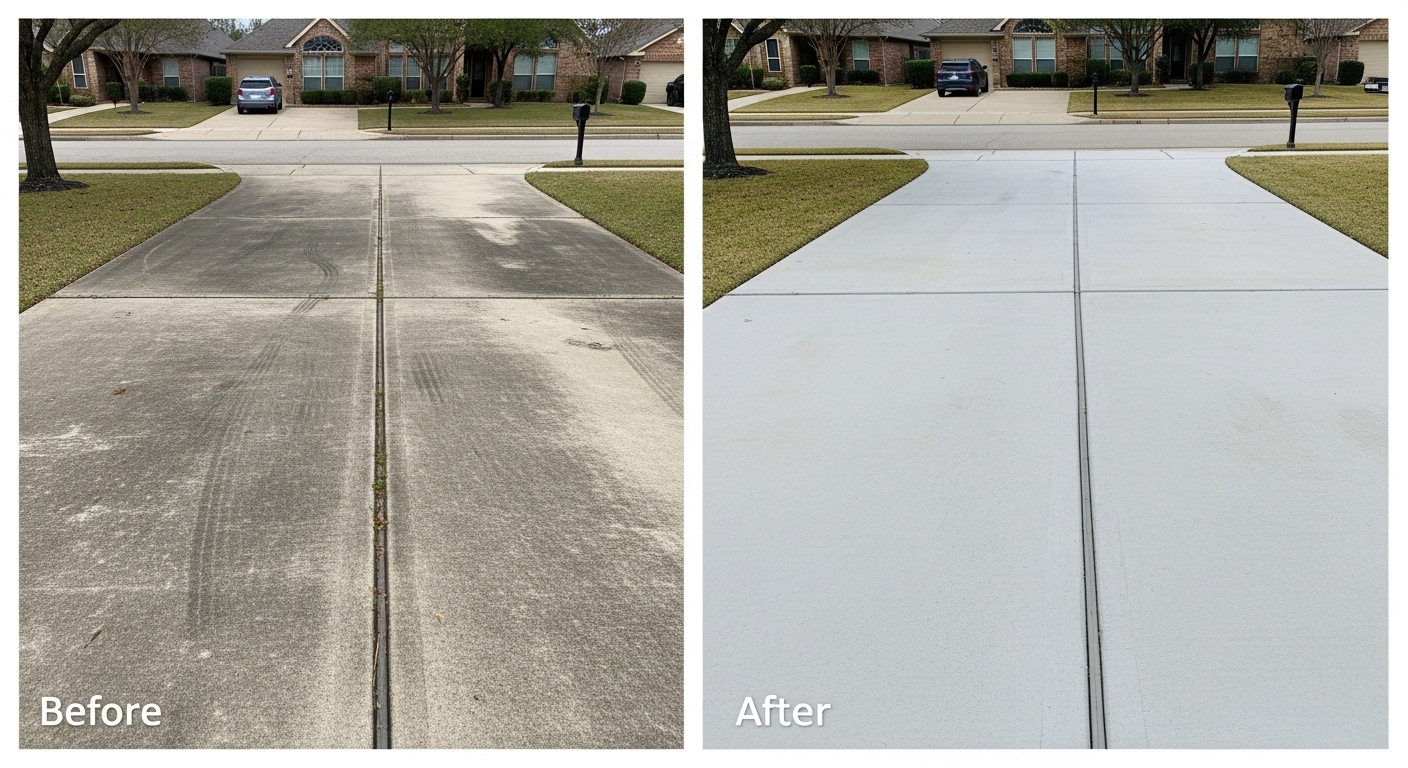 Dirty driveway with oil stains and algae buildup in Leander TX before pressure washing