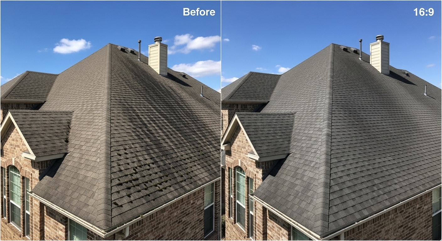 Roof with dark algae and moss growth before professional soft washing treatment in Leander