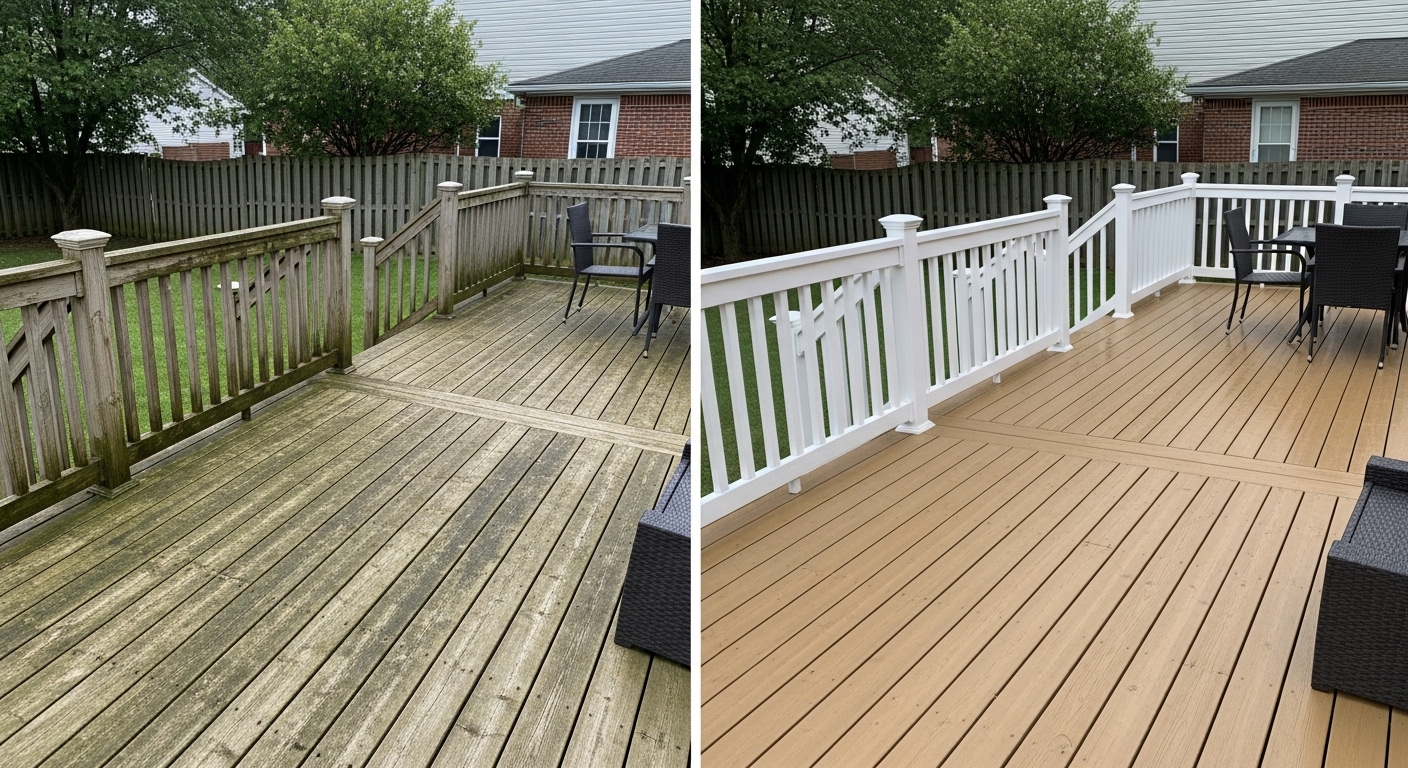 Weathered wood deck with gray discoloration and mold before pressure washing in Leander Texas