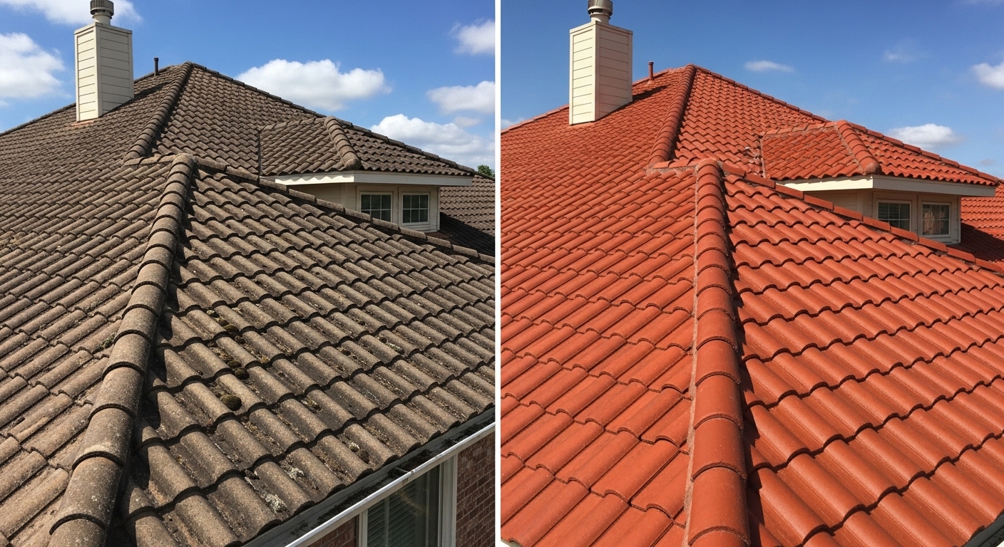 Clay tile roof with lichen and mineral stains before professional cleaning service