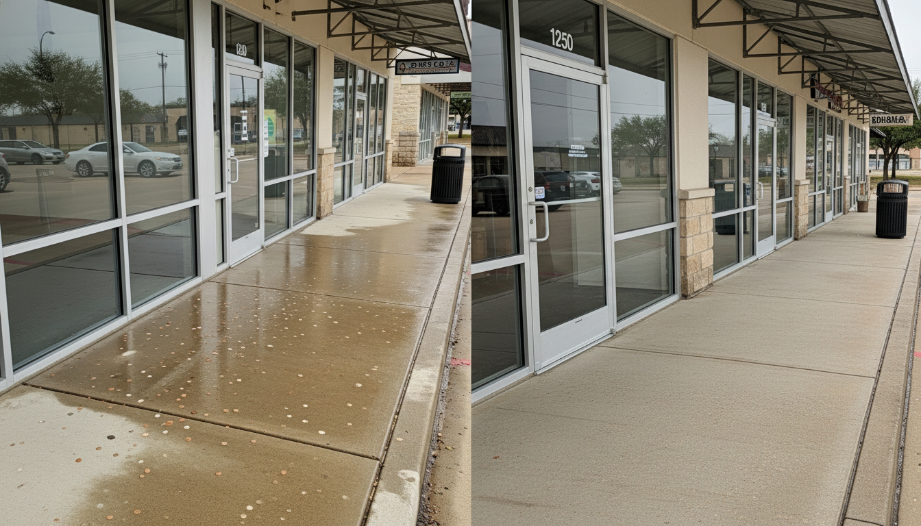 Commercial parking lot with oil stains and dirt buildup before pressure washing service