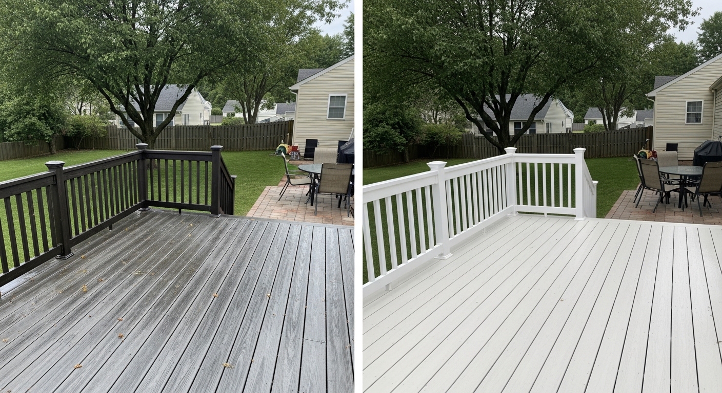Composite deck with algae growth and discoloration before soft wash cleaning