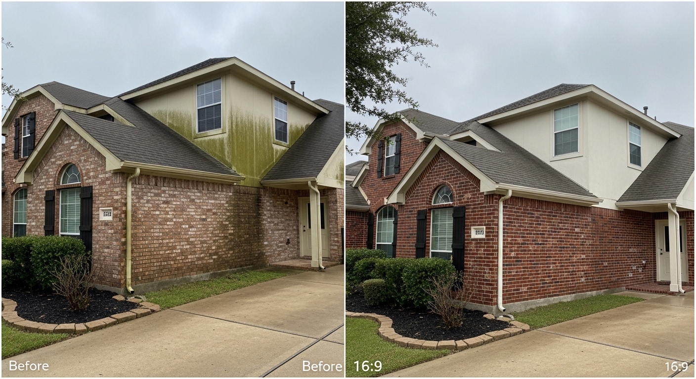 Vinyl siding with heavy mold and algae stains before house washing in Leander Texas