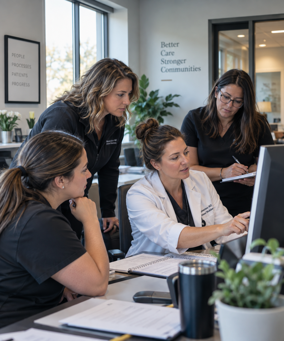 Medical practice team collaborating on operations and workflow