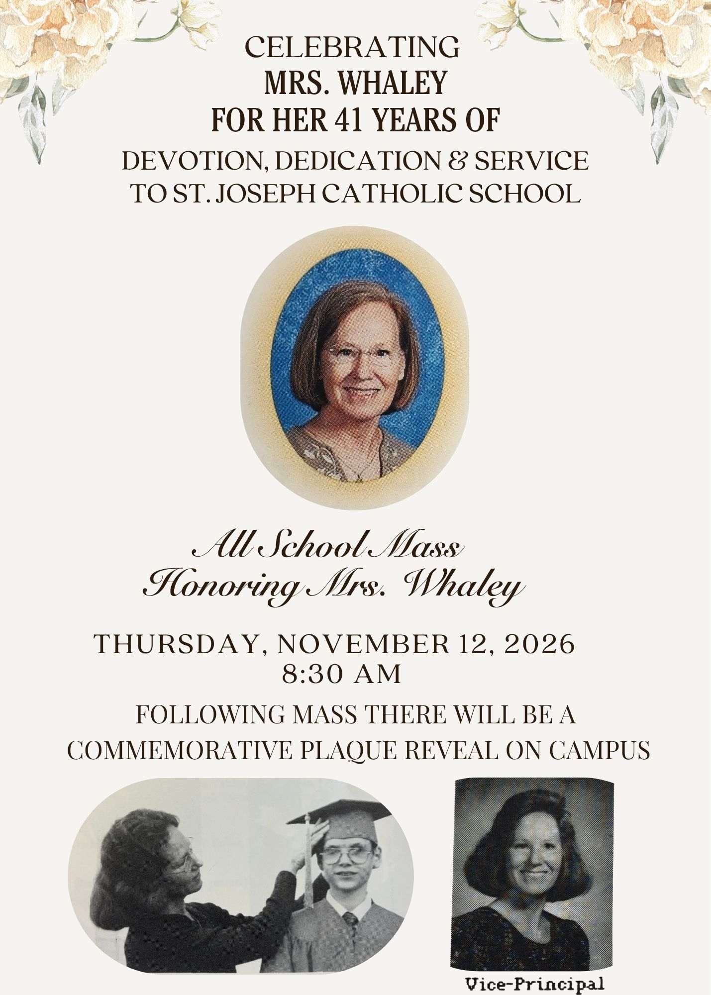 Celebrating Mrs. Whaley for her 41 years of service — All School Mass, Thursday, November 12, 2026, 8:30 AM