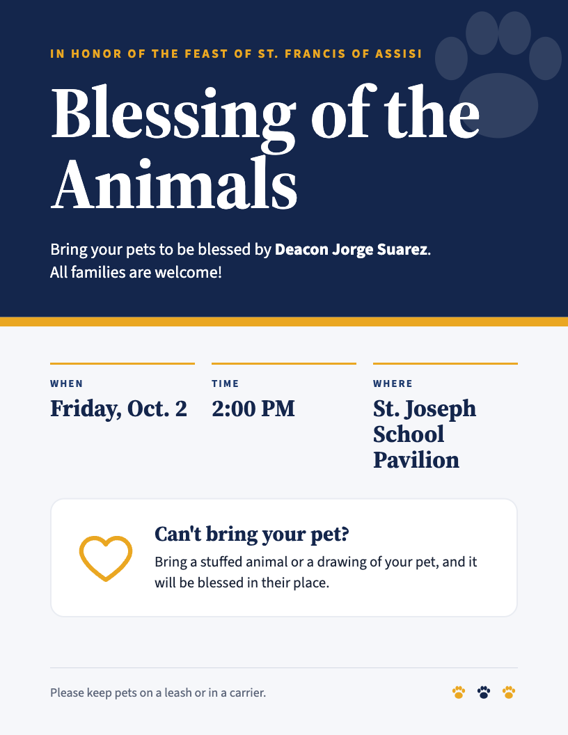 Blessing of the Animals flyer — Friday, October 2, 2:00 PM, St. Joseph School Pavilion