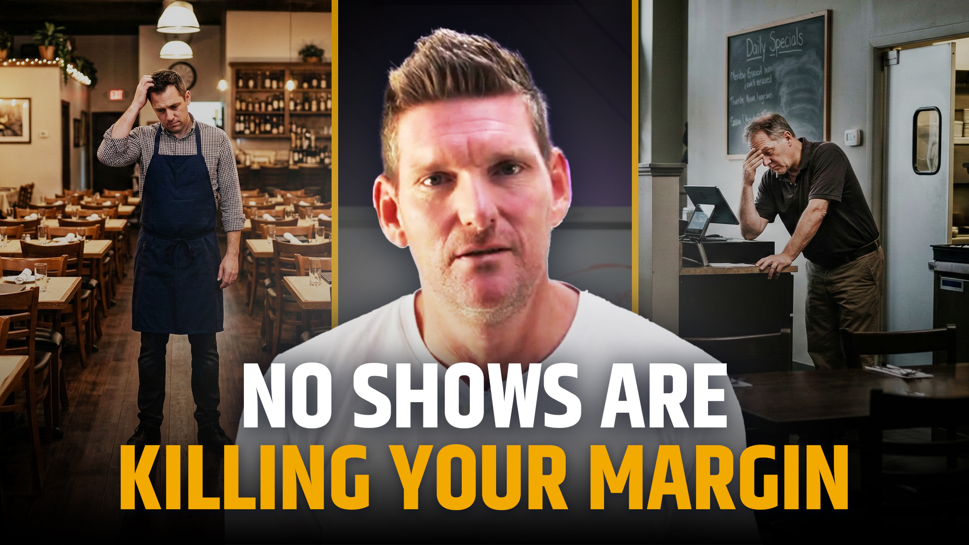 Foodie Coaches YouTube thumbnail titled "No Shows Are Killing Your Margin" featuring host Tim Kummerfeld centre with two stressed restaurant owners either side, covering how no-show bookings damage restaurant, café and bar profit margins. Foodie Coaches YouTube thumbnail titled "No Shows Are Killing Your Margin" featuring host Tim Kummerfeld centre with two stressed restaurant owners either side, covering how no-show bookings damage restaurant, café and bar profit margins.
