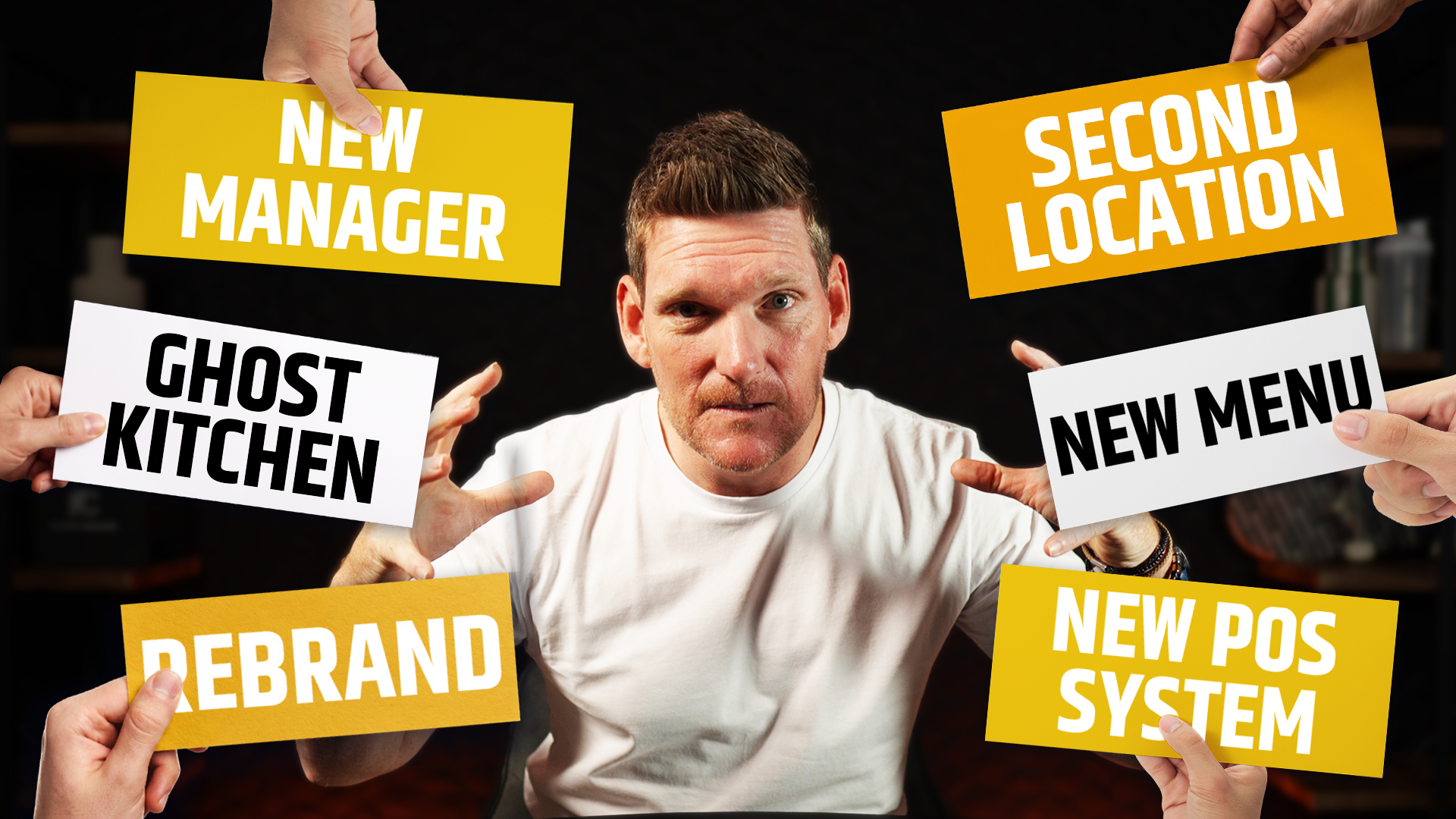Foodie Coaches YouTube thumbnail for "Shiny Object Syndrome" featuring Tim Kummerfeld surrounded by hands holding up signs reading New Manager, Second Location, Ghost Kitchen, New Menu, Rebrand and New POS System, illustrating the distractions pulling restaurant owners in every direction. Foodie Coaches YouTube thumbnail for "Shiny Object Syndrome" featuring Tim Kummerfeld surrounded by hands holding up signs reading New Manager, Second Location, Ghost Kitchen, New Menu, Rebrand and New POS System, illustrating the distractions pulling restaurant owners in every direction.