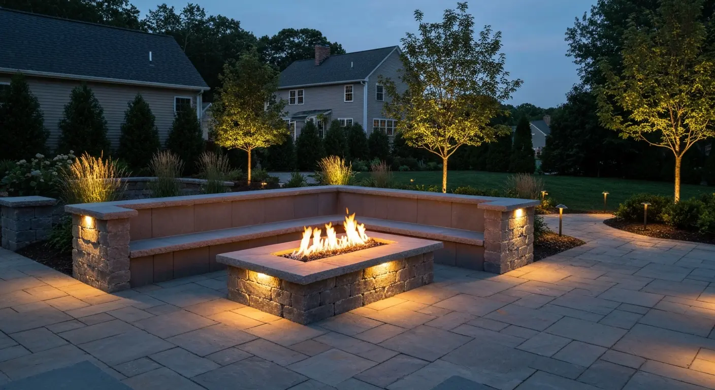 Custom firepit and landscape lighting